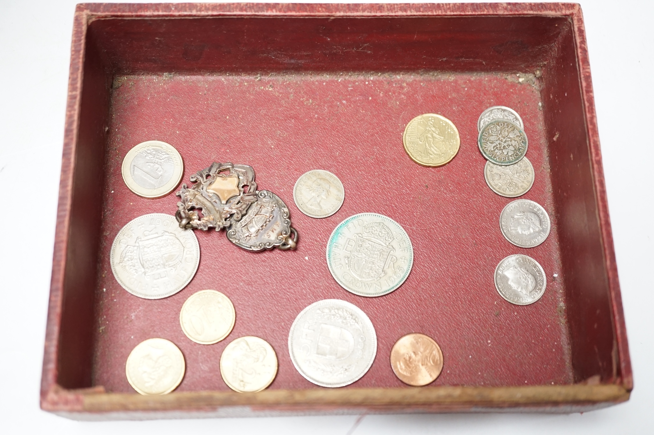 A George V engine turned silver cigarette case, 14.2cm, three pocket watches including two silver and a small group of coins and medals. Condition - poor to fair